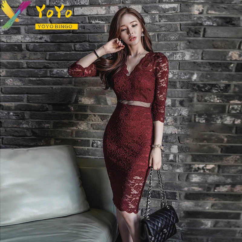 

Elegant Party Dress Red Hollow Out Lace V-neck Half Sleeve Dress Spring Fashion Slim Bodycon Vestido Temperament Sexy Dress