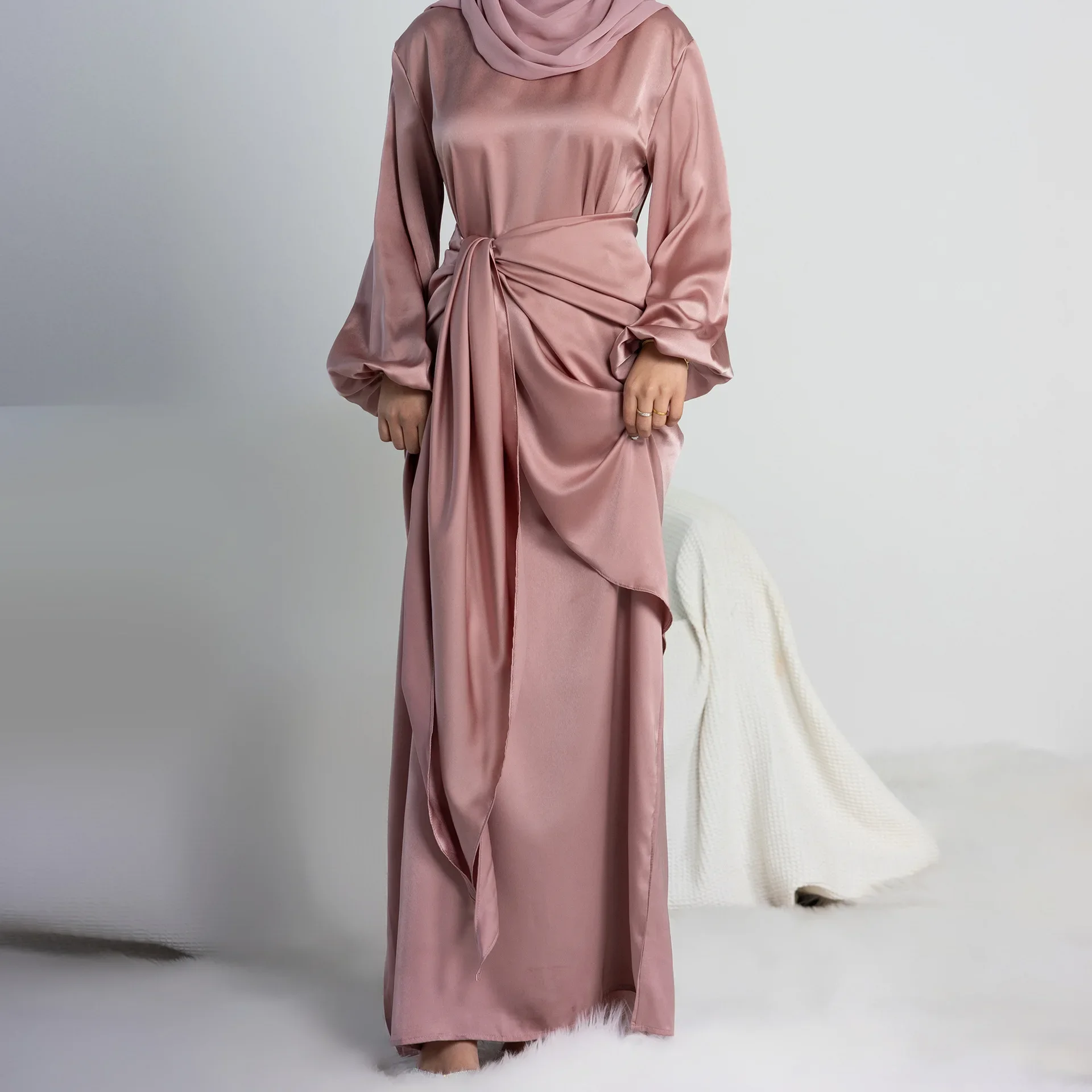 Satin Muslim Dress Women Abaya 2 Piece Set Morocco Party Kaftan Long Robe with Wrap Skirt Islamic Dubai Turkish Modest Outfit