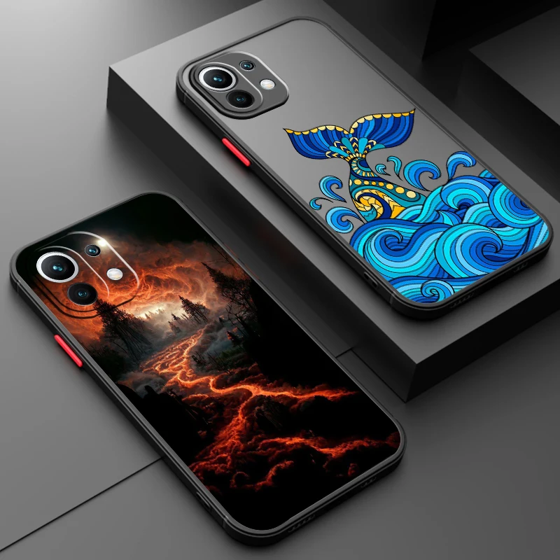Artistic Waves Landscape Fish Frosted Translucent For Xiaomi Mi 13 12 12T 11T 11 11i 10T 10 9T Pro Lite Ultra 5G Phone Case