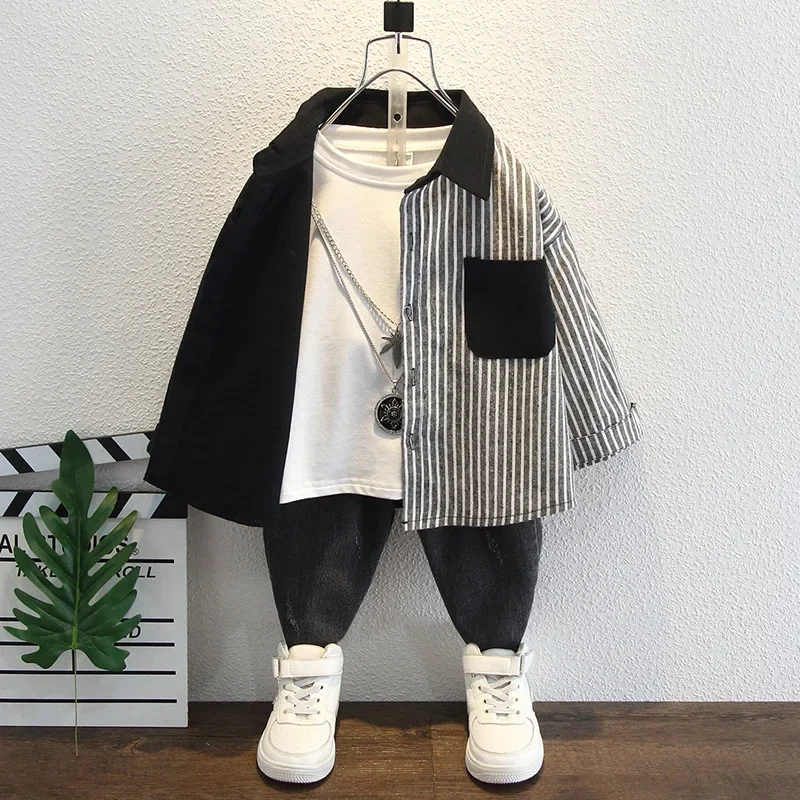 Spring Fashionable Striped Long Sleeve Shirt for Boys Children's Spring Autumn Style Clothing Male Kids Trendy Streetwear Top