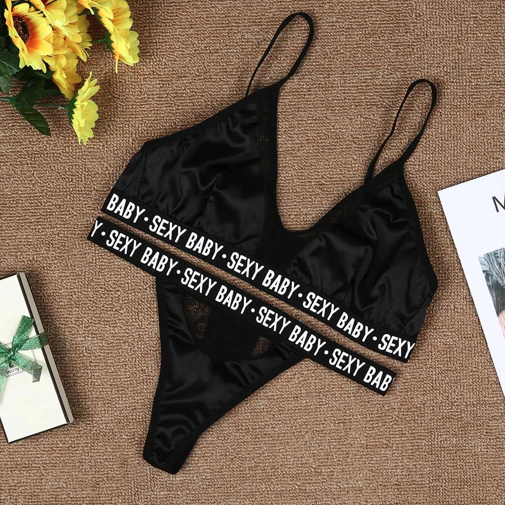 Intimate sensual Lingerie Woman Letter Printed Thongs Bikini Underwear Set Women Lace Hollow Out Brief Panties Push Up Bra Sets bra and underwear set