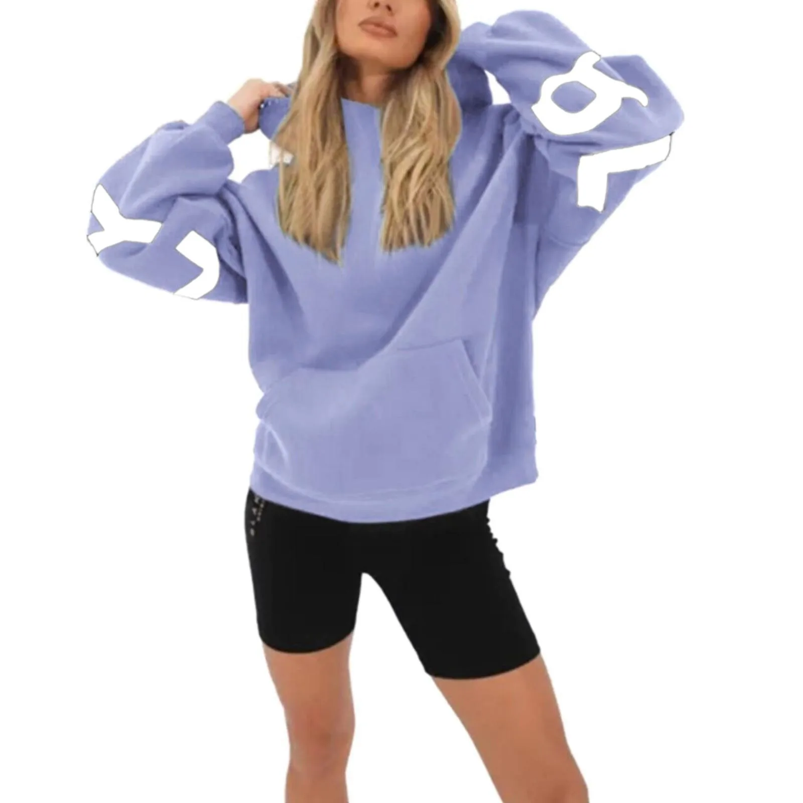 thumbnail image 1 of Sudadera con capucha estampada para mujer, suéter informal de gran tamaño con bolsillo, letras de la vida originales, Blakely, ropa de otoño, 1 of 3