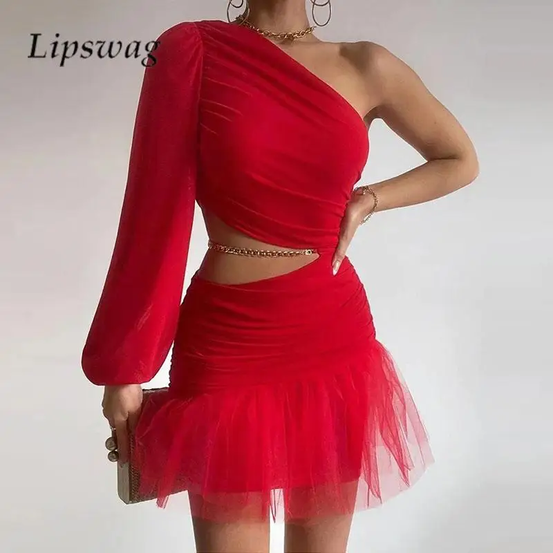 

Fashion Hollow Out Red Party Dress Sexy One Shoulder Slant Neck Mini Dress Elegant Ladies Mesh Splicing Pleated Hip Wrap Dresses