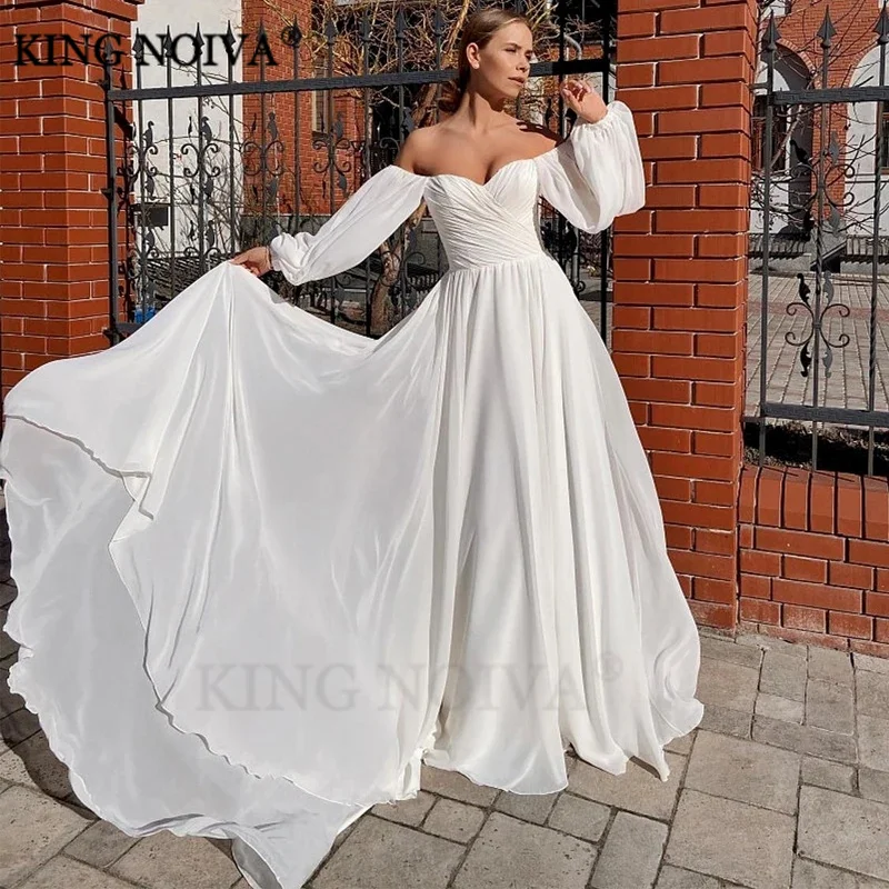 

KING Sweetheart Long Sleeve Chiffon A-Line Wedding Dresses For Women 2024 Off Shoulder Floor Length Bride Gown Vestido De Novia