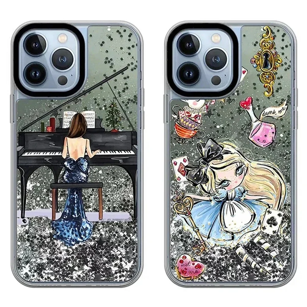 

Transparent Border Quicksand Piano Girl Pattern iPhone 11 12 13 14 15 Pro Max Protective Case