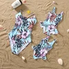 2025 New Mom Daughter Matching Clothes Floral One-Piece Suit Swimwear Girls Back Bandage Swimsuit Boys Swimming Trunks Beachwear 3