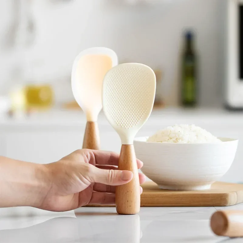 1Pcs Rice Spoon Wooden Handle Heat-resistant Silicone Non-stick Pan Cooking Tools Long Handle silicone cooking spoon,wooden cooking spoon,silicone kitchen utensils