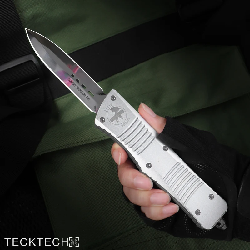 

Silver COMBAT TROODON Knife Mirror Surface Blade MICRO OTF TECH CNC T6 Aluminum EDC Self Defense Tactical Military Pocketknife