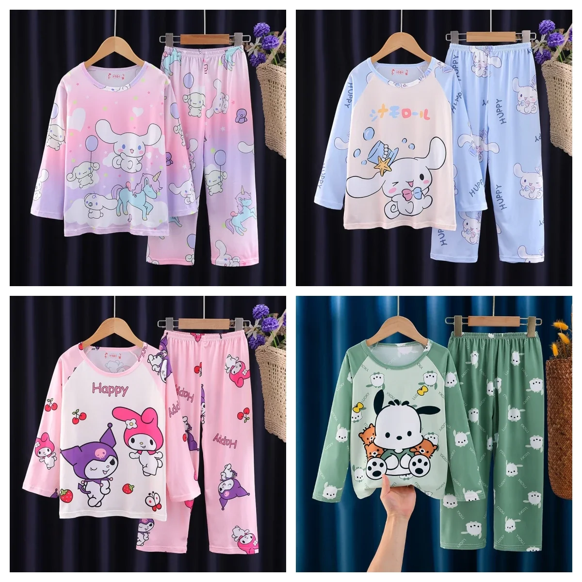 

Kawaii Sanrios Kuromi Cinnamoroll Pochacco Children Milk Silk Pajamas Sets Anime Girl Boy Sleepwear Autumn Kids Homewear Clothes