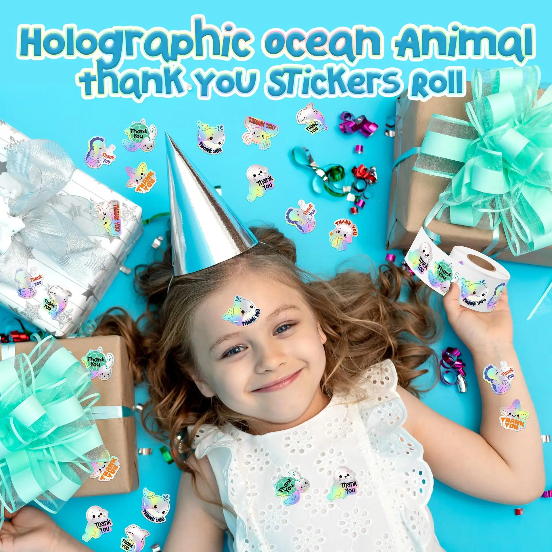 500개 해양 감사 스티커 롤 홀로그램 여름 바다 동물 거북이 해파리 생일용 자가 접착 라벨