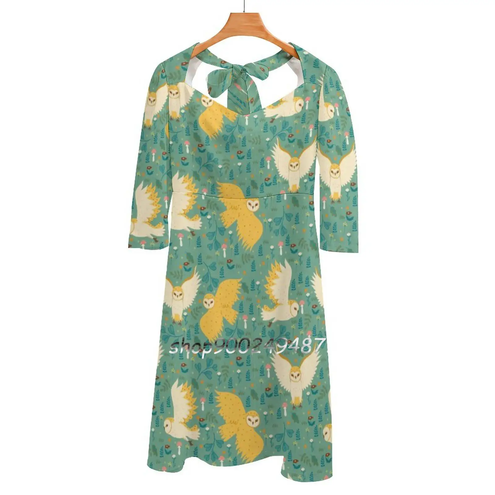 

Barn Owl And Plant Pattern Flare Dress Square Neck Dress Elegant Female Fashion Printed Dress Pattern Owl Barn Owl Flora Green