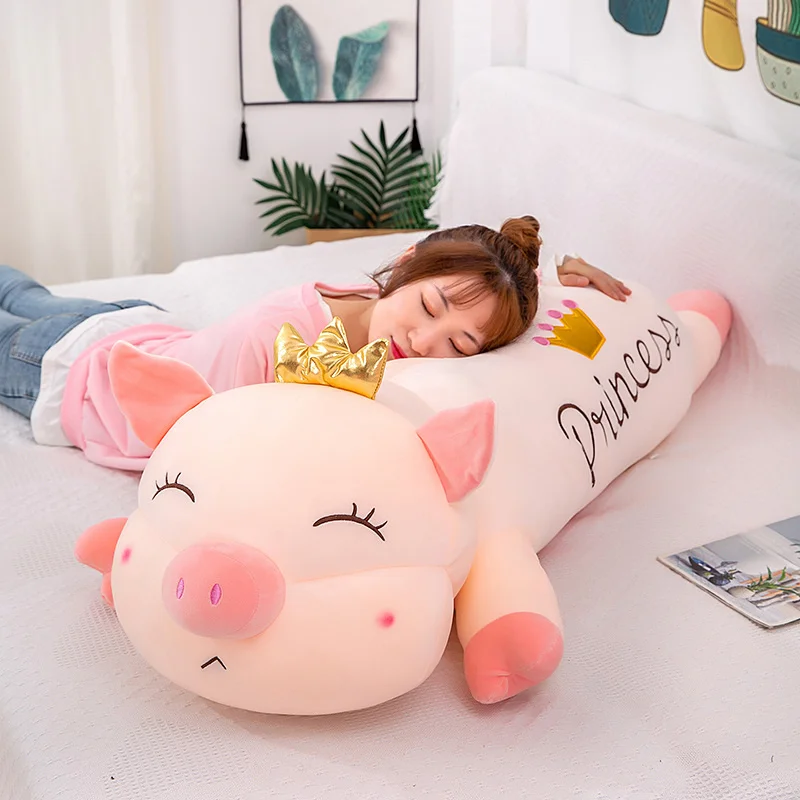 

110cm Giant Pink Crown Pig Plush Toys Children Soft Cartoon Sleeping Pillow Lovely Lying Pig Doll Girl Birthday Christmas Gifts