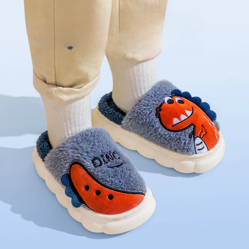 Cotton Slippers in Autumn and Winter Big Children Dinosaur Cute Boys Plush Slippers for Girls Indoor Shoes for Home Use 2022 autumn cartoon dinosaur cardigan knitted sweater men harajuku fashion casual women pullover lounge wear pull homme