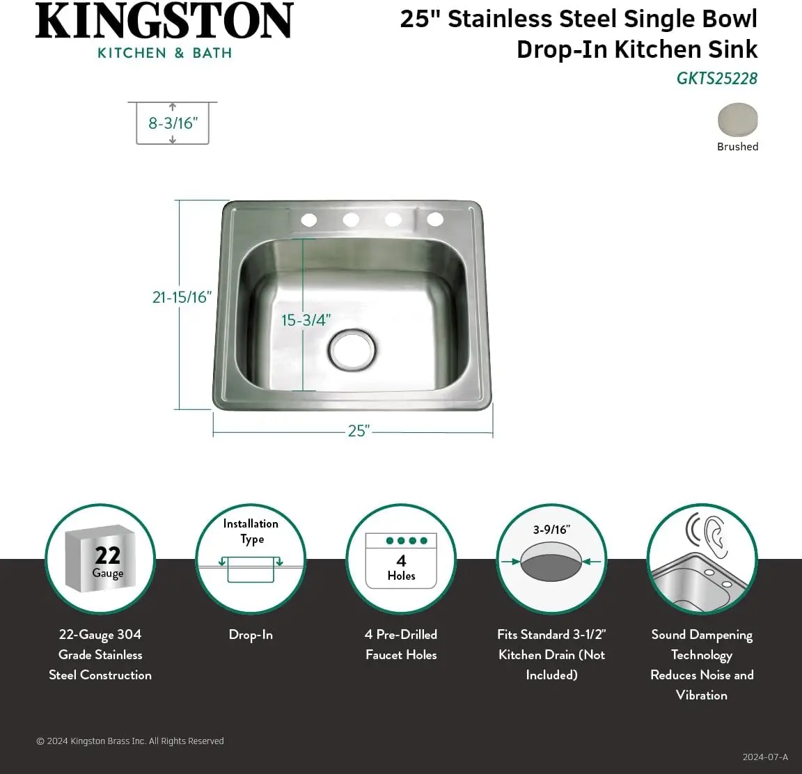 Kingston Brass Gourmetier GKTS25228 Studio Self Rimming Single Bowl Sink, 25-Inch L × 22-Inch W × 8-Inch H 6