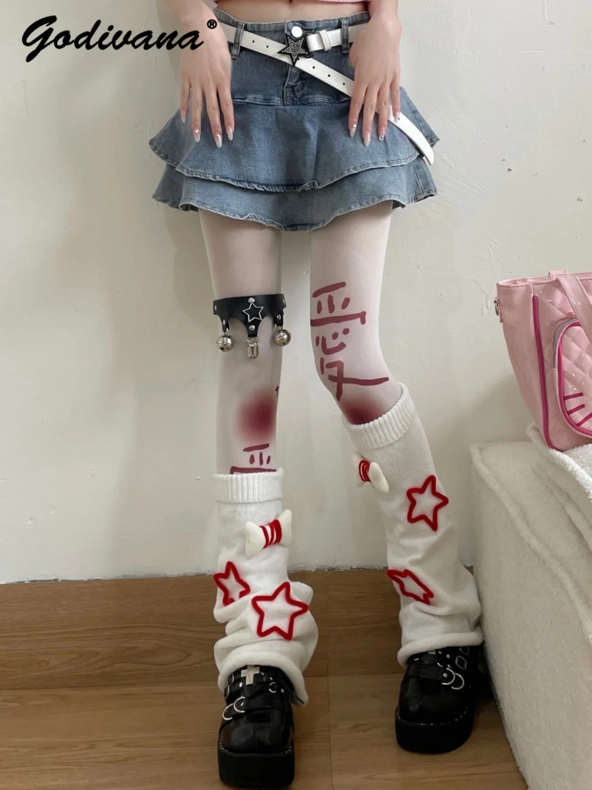 Women's Knitted Socks Spring and Autumn Calf Socks Japanese Hot Girl Bunching Socks Y2K Star Print Mid-Calf Leg Warmer