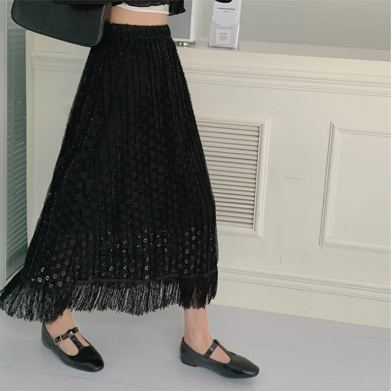 Hollow Lace Knitted Skirt Tassels Pleated Long Skirts Korean Elegant Casual Elastic High Waist Skirt Black Apricot Spring Summer white pleated skirt Skirts