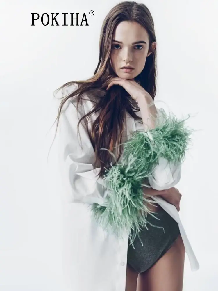 

Pokiha Модные женские новые элегантные свободные женские блузки с перьями в винтажном стиле с длинным рукавом на пуговицах шикарные топы