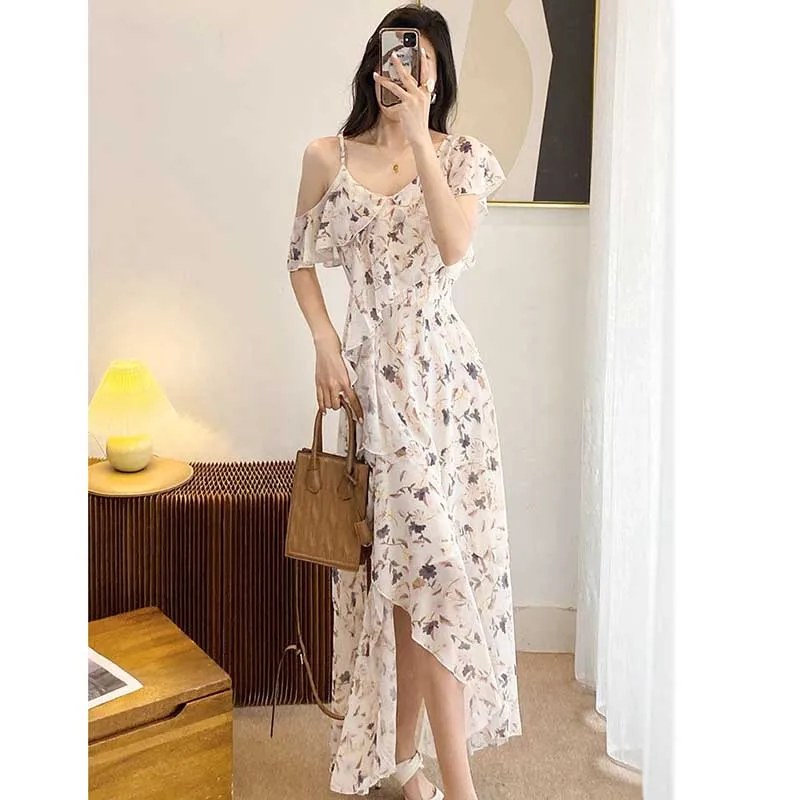 

Fashion V-Neck Off Shoulder Slip Ruffles Irregular Floral Dress Women's Clothing 2024 Summer New Loose Asymmetrical Slip Dress