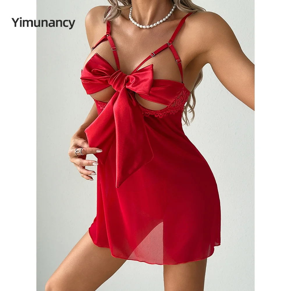 Yimunancy Bow Sleep Dress Women 2-Piece Nightdress Lace Patchwork Sheer Transparent Sexy Thong Erotic Nightgown