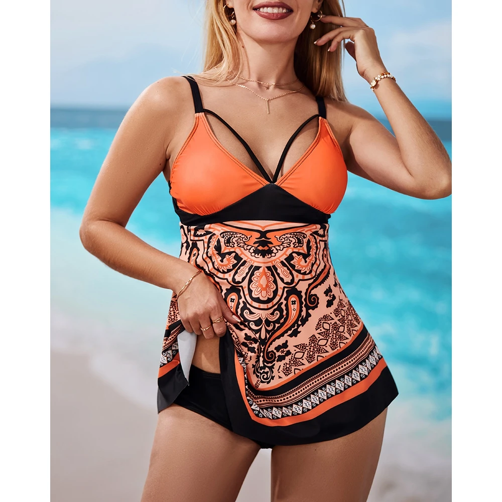 2023 Summer Women Baroque Tribal Vintage Print Cross Strap Swim Wireless Dress & Shorts Set Two Piece Beach Swim Wear Bikini Set