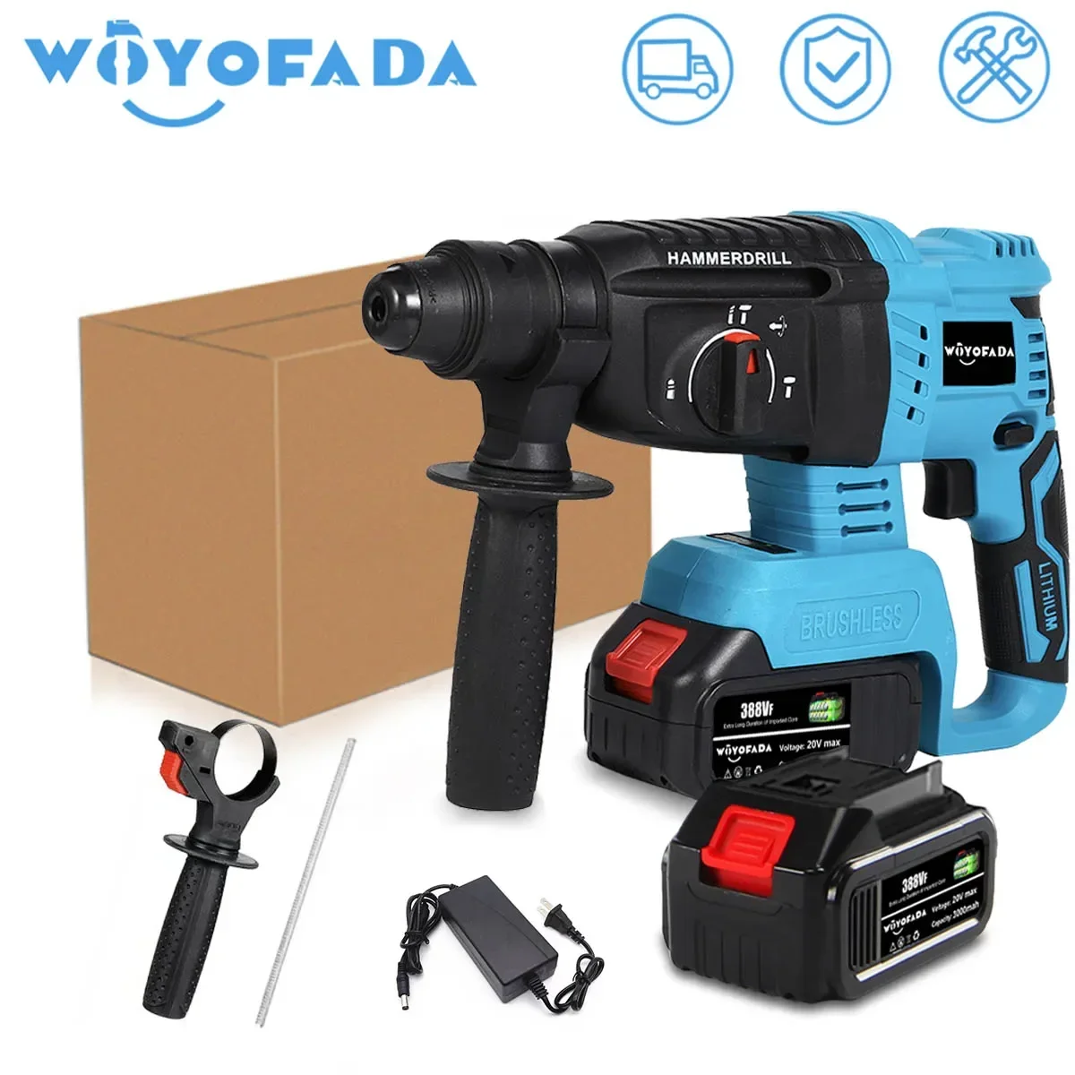 

WOYOFADA 18V 4 Functions Electric Cordless Rotary Hammer Drill Rechargeable Hammer 27mm Impact Drilll For 18V Makita Battery