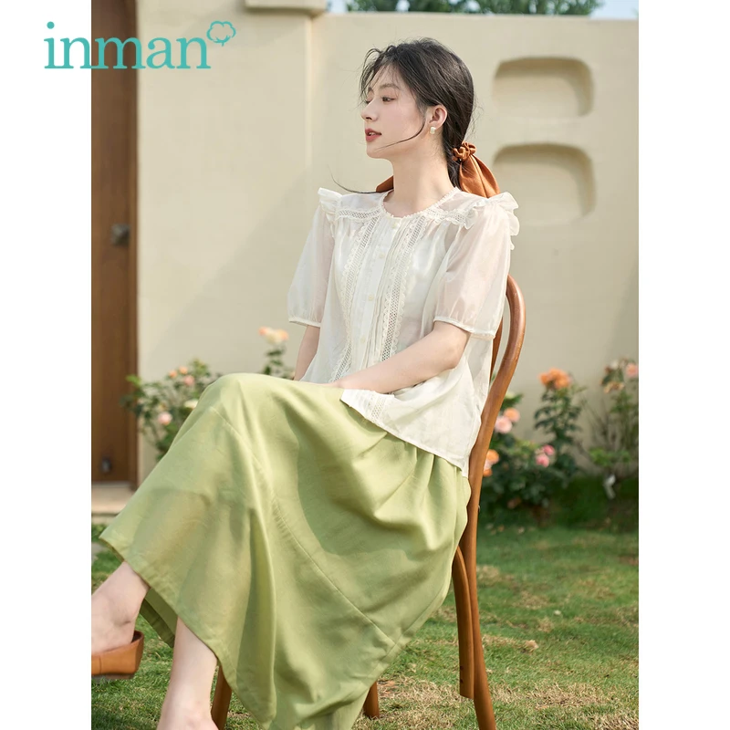 

INMAN Women Skirt 2023 Summer Elastic Waist A-shaped Loose Simple Basic Casual Versatile White Green Mid-length Skirt