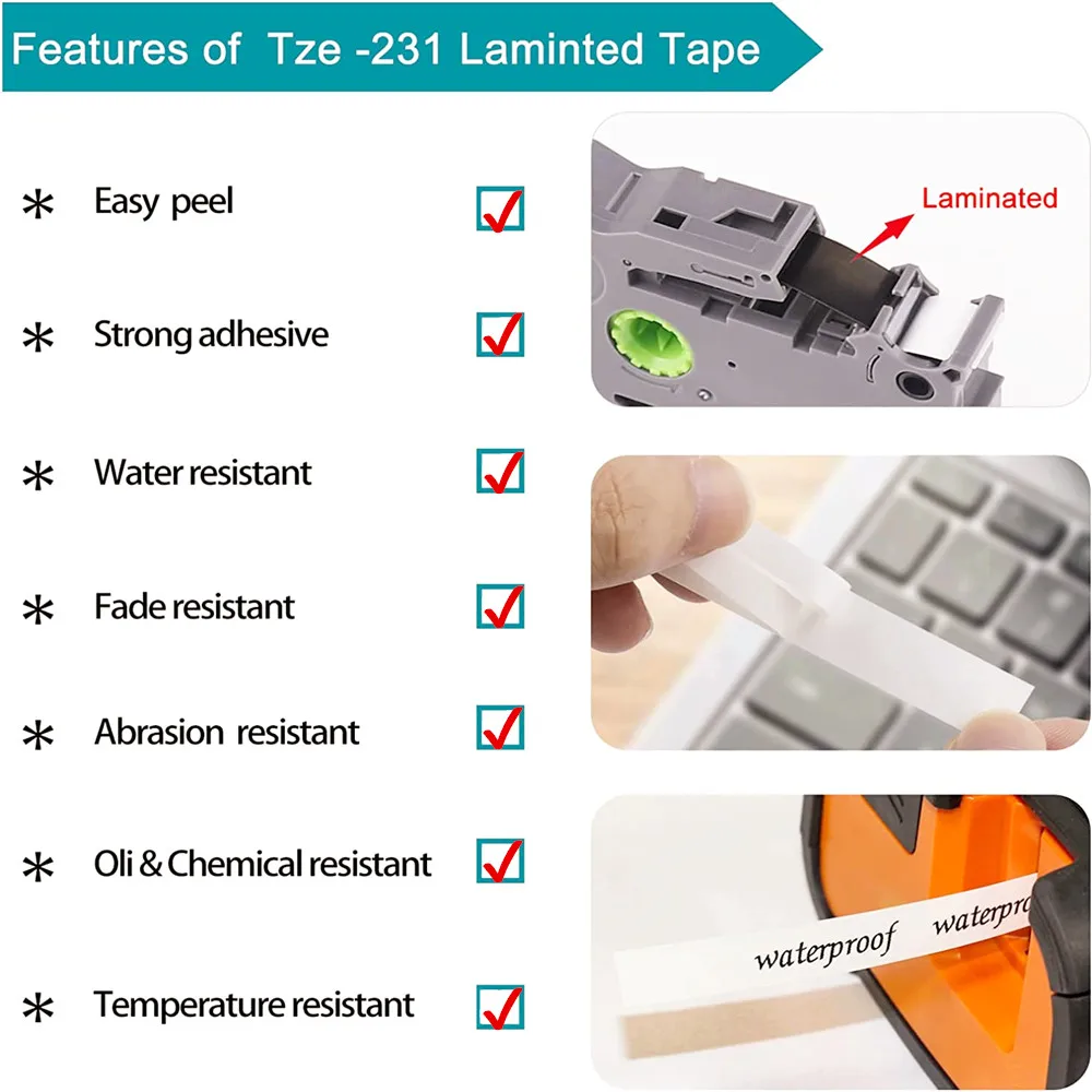 Etiqueta Laminada de Substituição do Irmão Ptouch tz Tze231 Tz-231 Tape Uso para Pt-d210 Pt-h110 Ptd600 Ptd400ad 12 mm 047 Pol a Pcs - Imagem 6