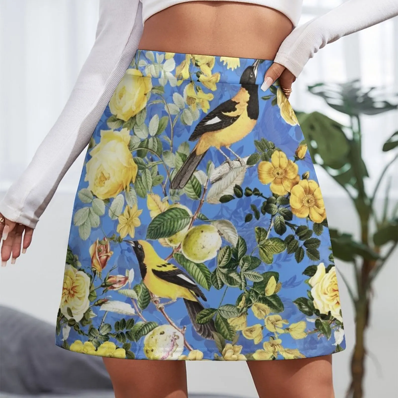 Antique Blue And Yellow Botanical Flower Rose Garden Mini Skirt Skirt shorts clothes rave outfits for women