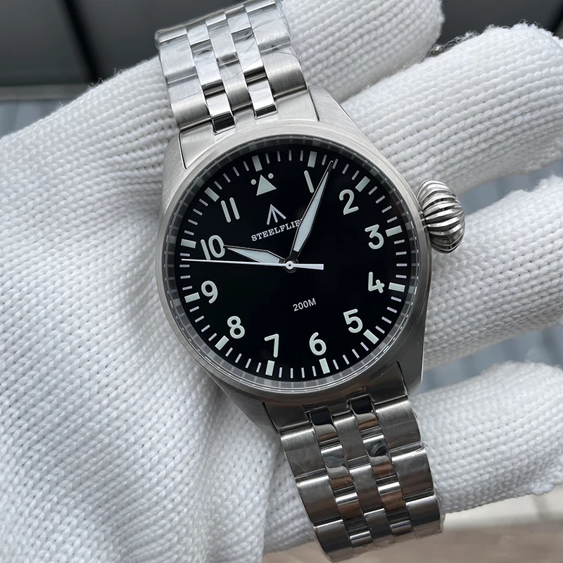 

Мужские спортивные часы-пилот STEELDIVE, 43 мм, военные кварцевые наручные часы, водонепроницаемость 20 атм, Фотолюминесцентные спортивные часы VH31