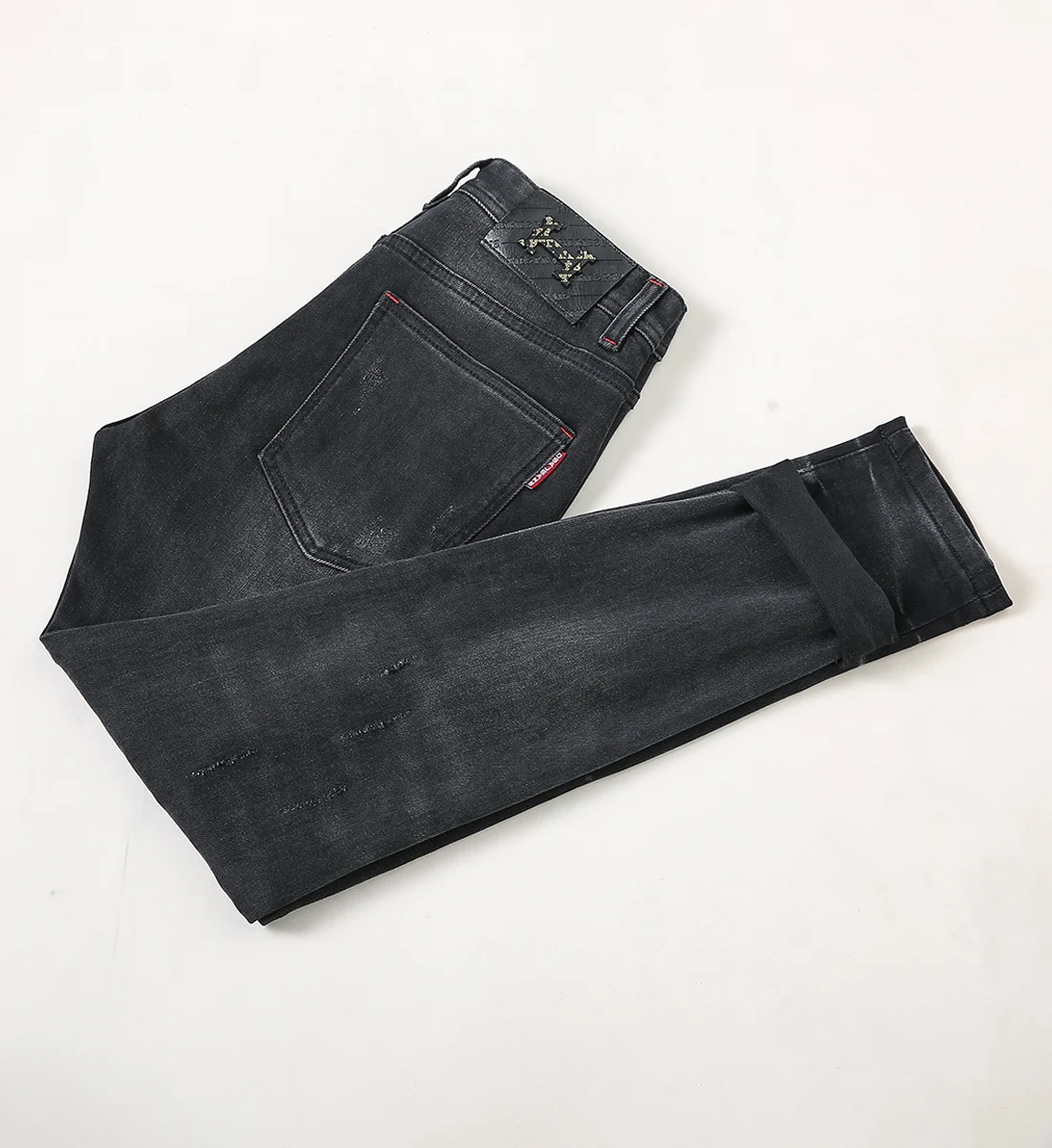 High Street Fashion Men Jeans Retro Black Gray Elastic Stretch Skinny Ripped Jeans Men Red Plaid Patched Designer Hip Hop Pants