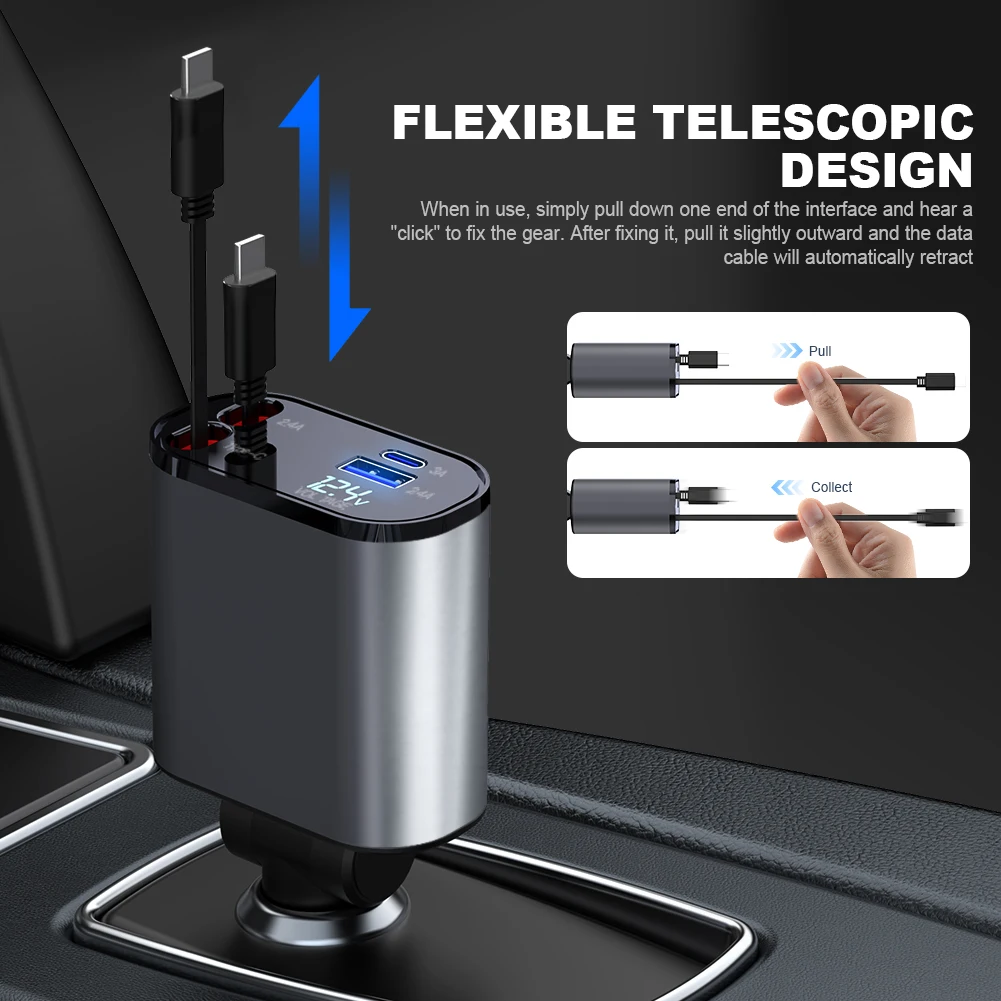 Caricabatteria da auto retrattile 4 in 1, 120 W, con cielo