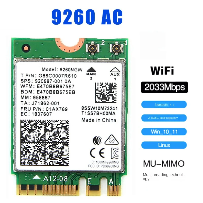 9260NGW 9260AC WiFi 5 بطاقة الشبكة اللاسلكية بلوتوث 5.0 2033Mbps 802.11AC ثنائي النطاق 2.4G 5G Win 10 11 كمبيوتر محمول NGFF M.2