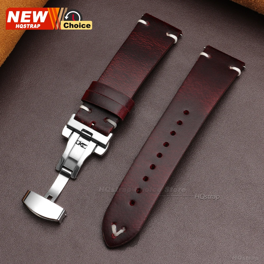 Handcrafted Retro Oil Wax Leather Watch Strap with Butterfly Buckle & Quick Release