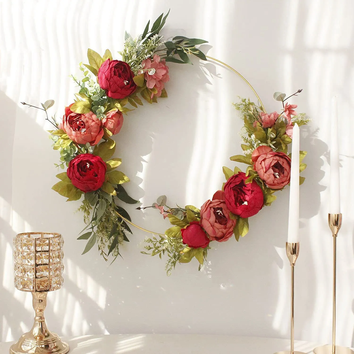 6 PCS 12 Inch Metal Floral Hoop Centerpiece for Table, Gold Wreath Ring with 6 PCS Wood Holder Stands, Hoop Rings