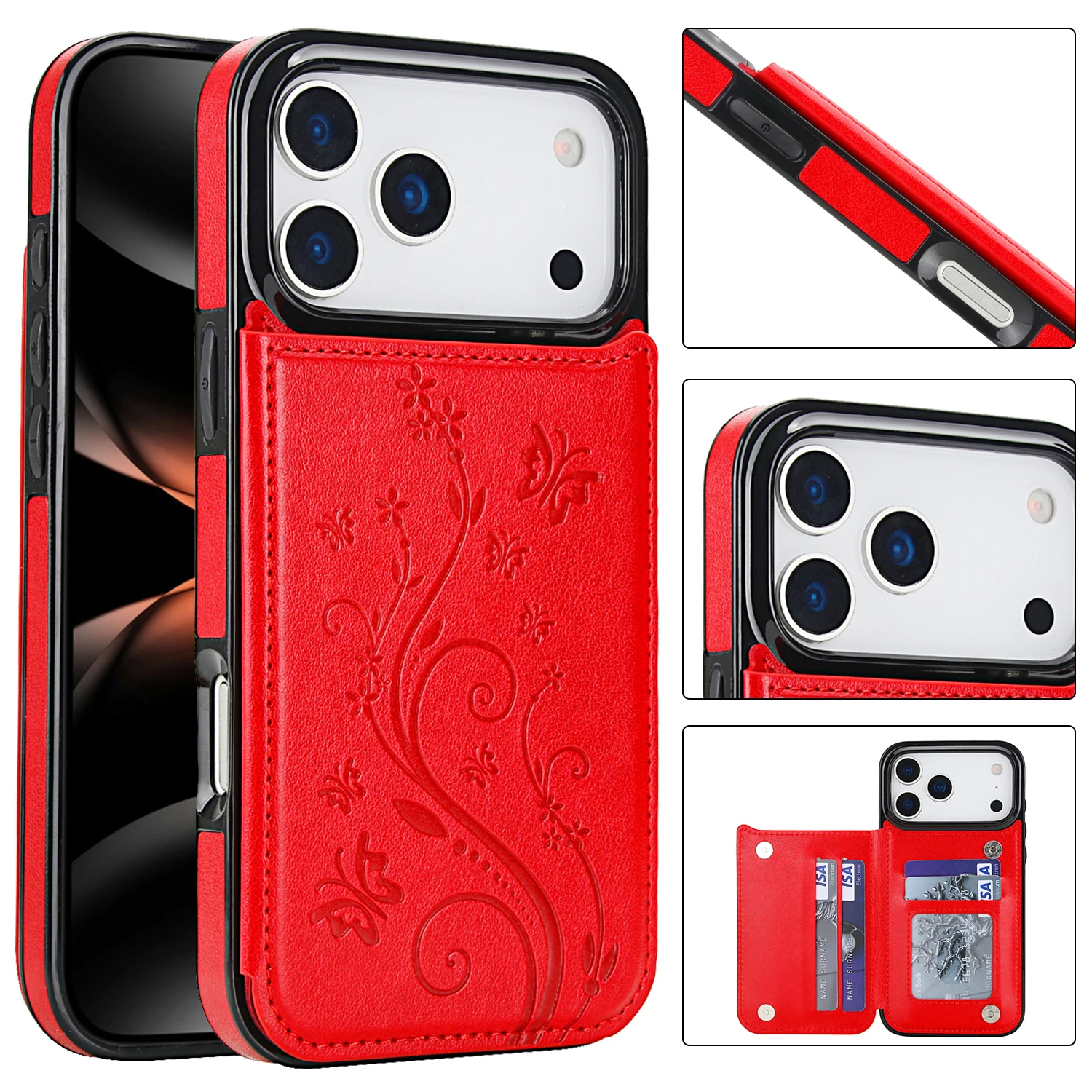 Elegant Butterfly Press Leather Wallet Case with Double Buckle Stand and Card Holder