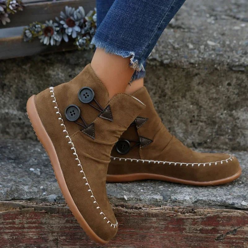 

Женские ботинки без шнуровки, зимние однотонные плиссированные ботинки из флока с круглым носком, на низком каблуке, большие размеры, 2023