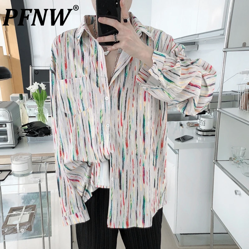 

PFNW Spring Summer New Men's Fashion Graffiti Striped Shirt Handsome Korean Street Baggy Niche Gradient Casual Tide Tops 28A2387