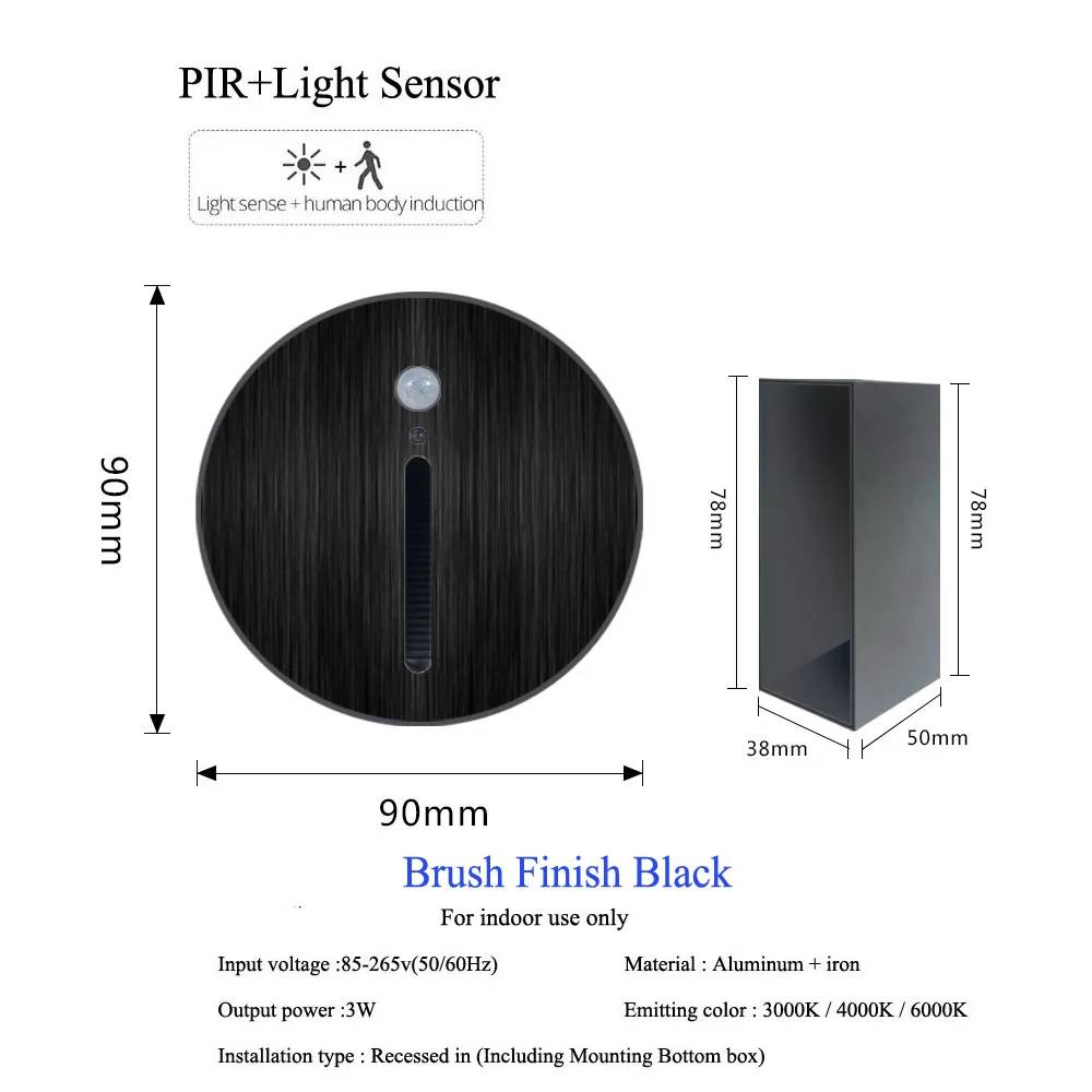 Elegant Aluminum PIR Sensor Wall Lamp with Install Box - Embedded Step & Stairwell Nightlight Sconce, 3W