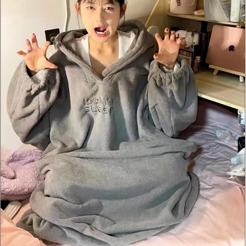Cute Devil Wing Hooded Plush Pajamas Women Winter Thickened New In Home Sleepwear Long Robe Kawaii Oversize Pijamas Nightgown