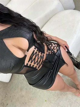 Nibber Wild Hottie 2-Piece Set Women Halter Hollow Backless Mesh Patchwork Top+Irregular Peach Hip Split Skirt Shirring Suits 1