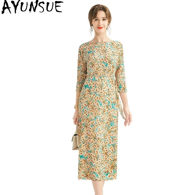 

Платье AYUNSUE 100% из шелка тутового шелкопряда, Женские Элегантные платья, летняя одежда, платье с высокой талией, платье на шнуровке, Vestidos De Mujer 2024