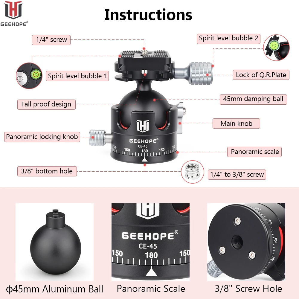 GEEHOPE CE-45 Low Profile Tripod Ball Head Universal Panoramic 45mm BallHead for Tripod Monopod Digital DSLR Camera 25kg Load
