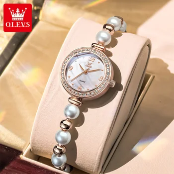 OLEVS Woman Watch Fashion Elegant Pearl Bracelet Wristwatch for Women Luxury Diamond Bezel Waterproof Ladies Quartz Watches 5640