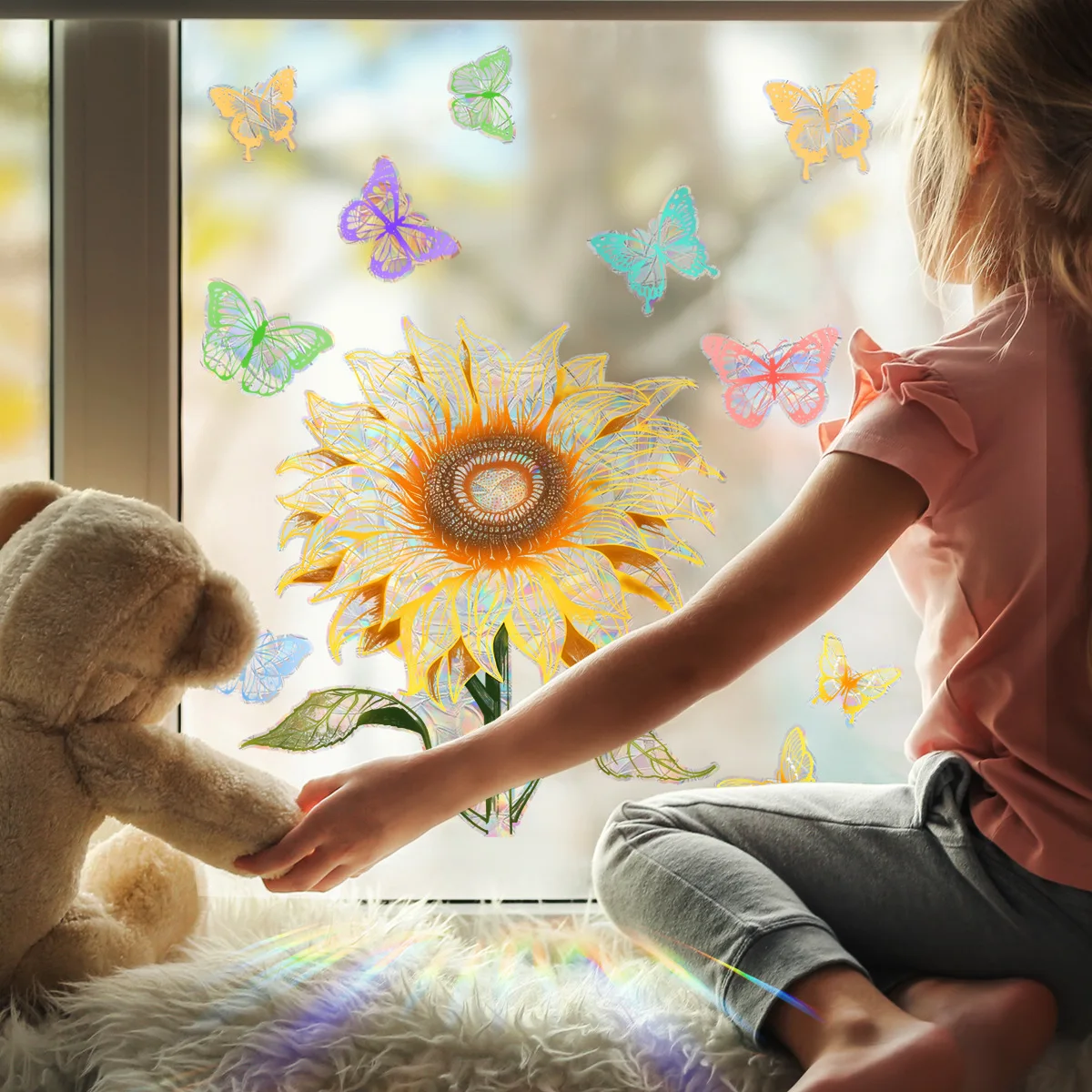 Big Sunflower Butterfly Suncatcher Decals Rainbow Maker PVC Window Glass Sun Catcher Stickers Prisms Sunlight Sticker Home Decor