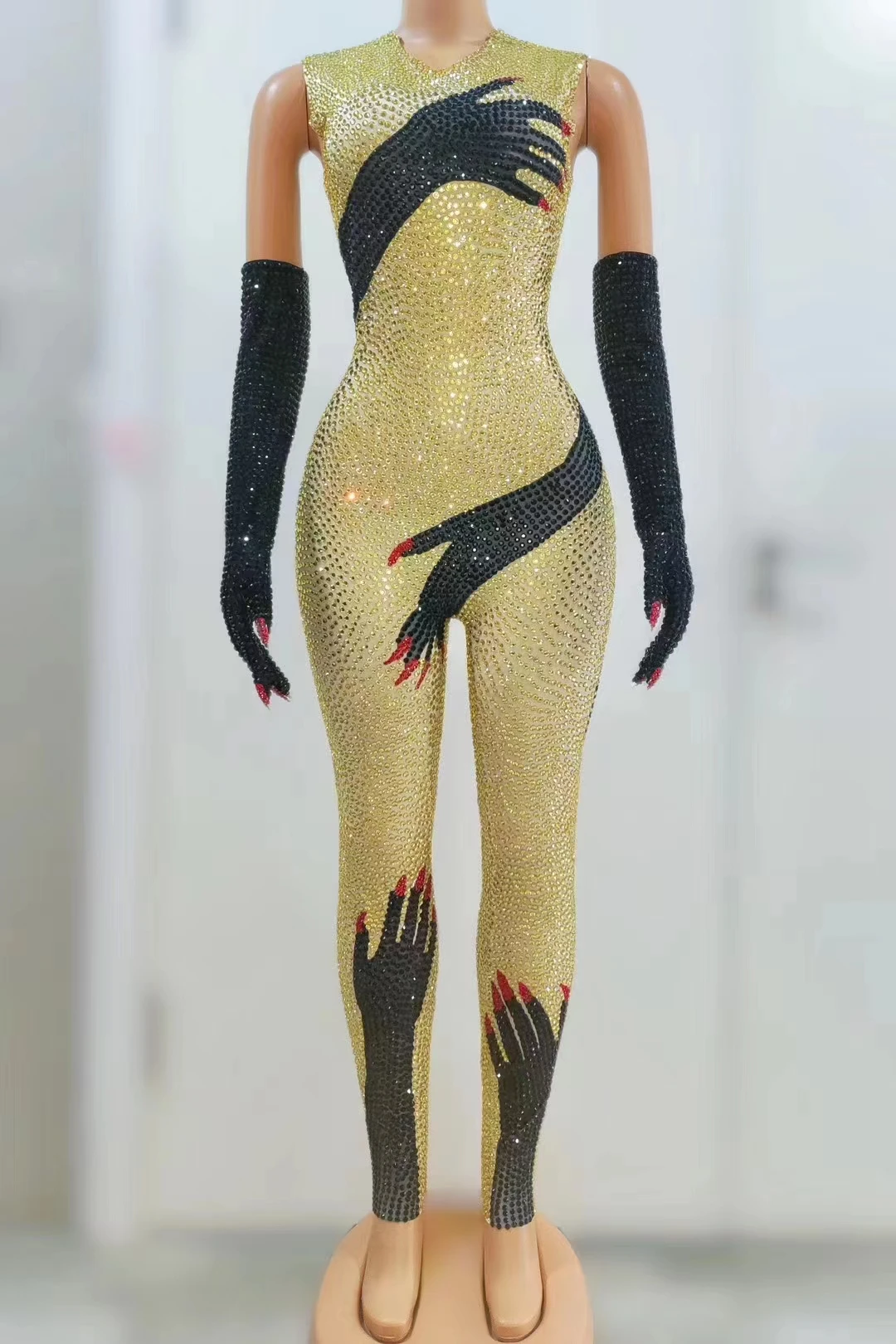 

Black Gold Sequins Jumpsuit Gloves Sexy PoleDance Outfit Women Di Ds Party Gogo ClothingClubwear Drag Queen Costume A380