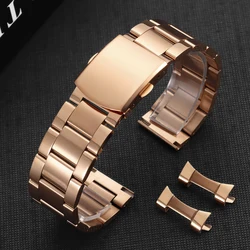 Elegant Curved End Gold Stainless Steel Watch Strap with Double Press Safety Clasp - 22mm (Rose)