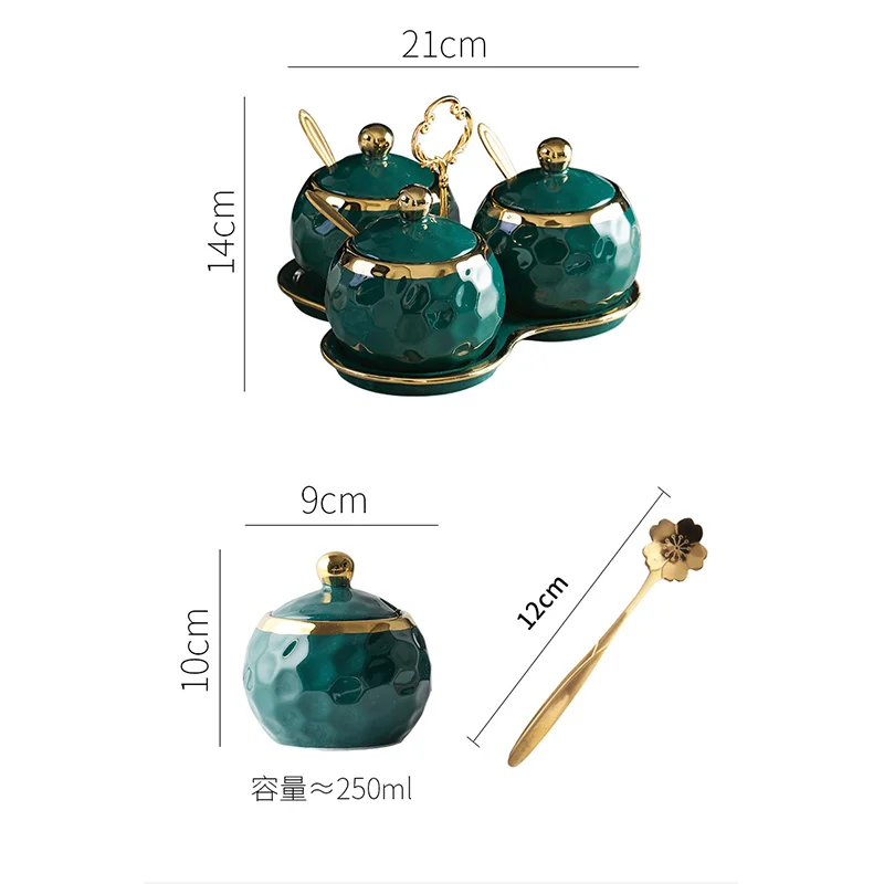 Creative Seasoning Jar Sugar Bowl Green Gold Edge Glass Jar Ceramic Pepper Chili Box Household Seasoning Box Kitchen Supplies ceramic storage jar spice storage box