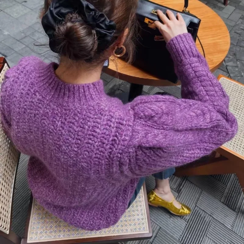 New Fashion Crew Neck Purple Long Sleeve Sweater for Women Casual Elegance Loose Office Top Autumn and Winter Knitwear