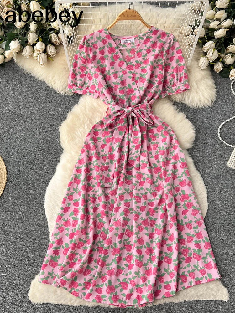 

Summer Women Floral Printed Midi Dress Vintage V-Neck Short Sleeve High Waist A-Line Casual Vestidos Female 2024 New Fashion