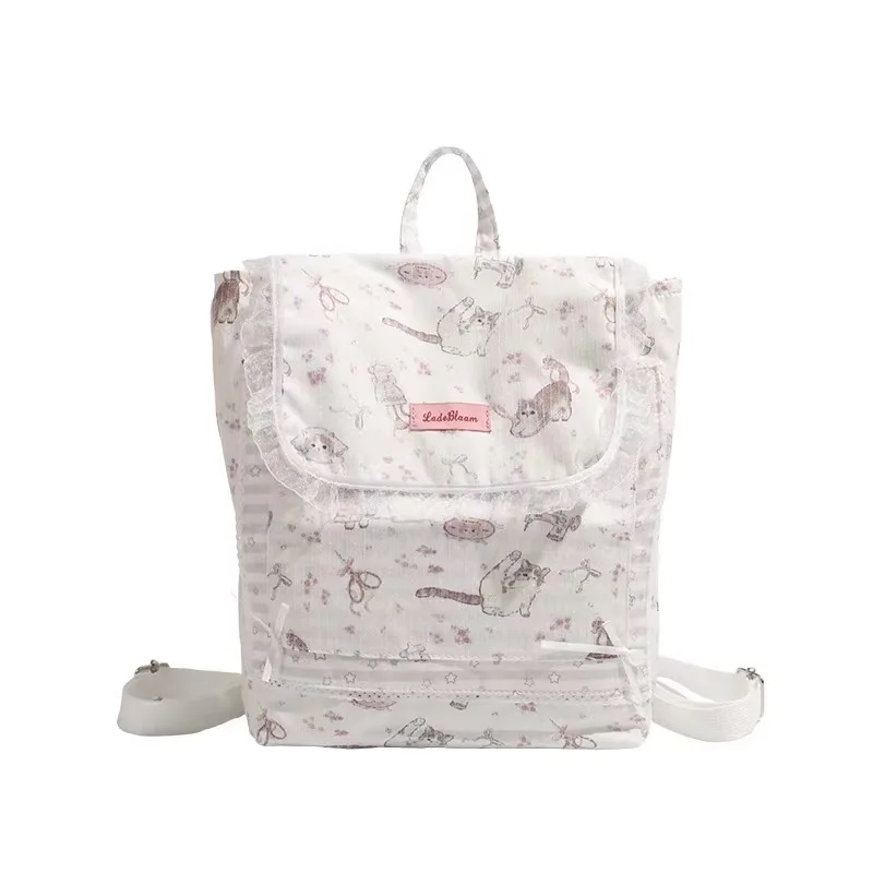 JIAERDI Sweet Cat Print Canvas Backpack Women Fairycore Aesthetic Lace Large Capacity Backpacks Girls Harajuku Kawaii Mochila